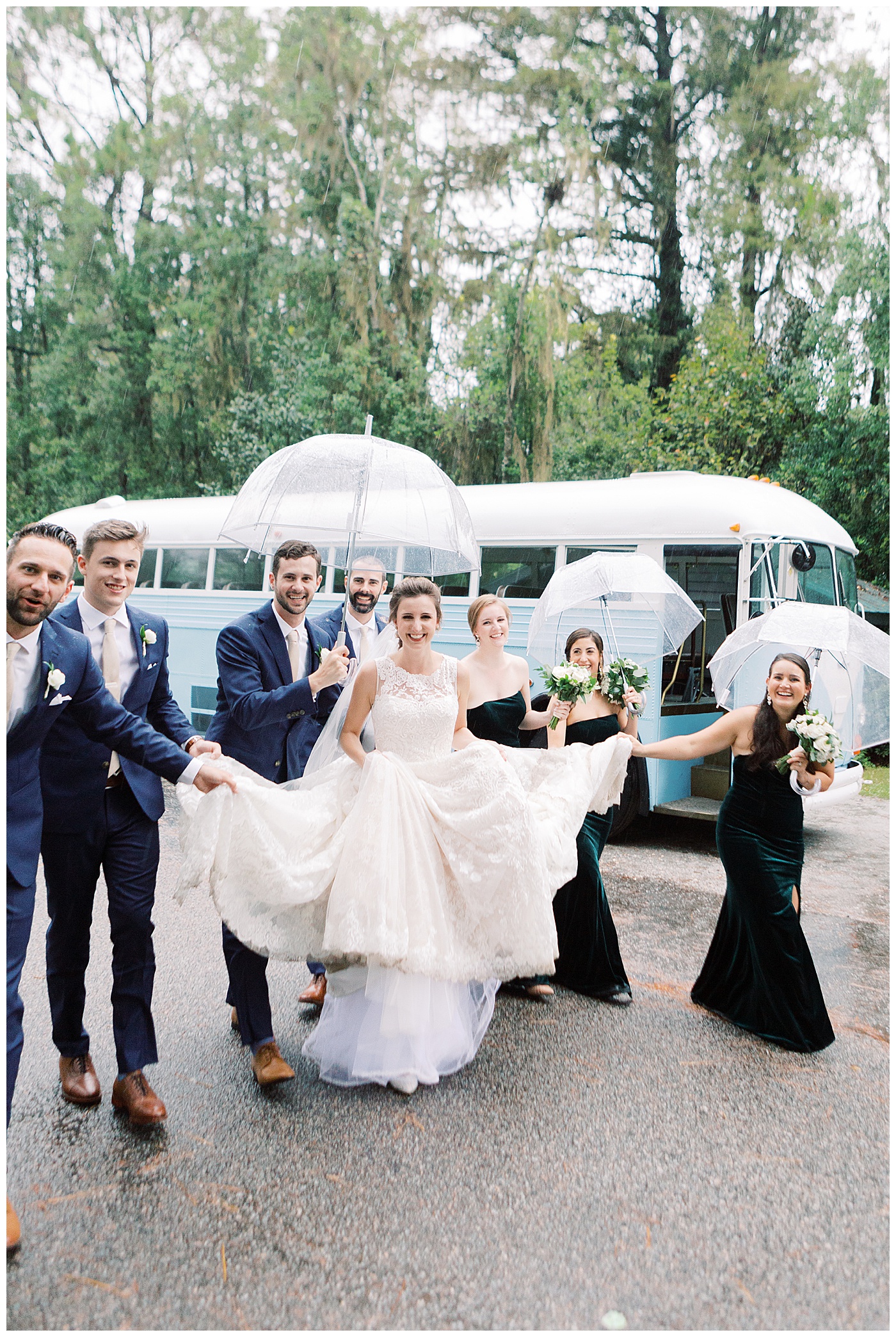 bridal party in the rain
