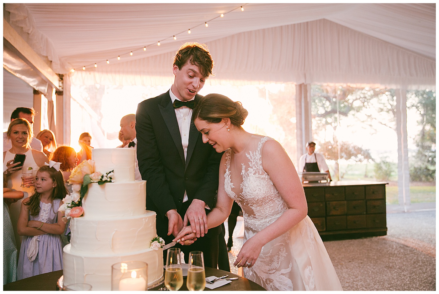 newlyweds cutting their wedding cake during reception